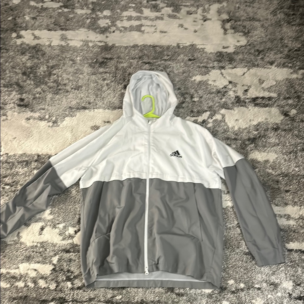 adidas White and Gray Raincoat with Hood and Color-Blocked Design